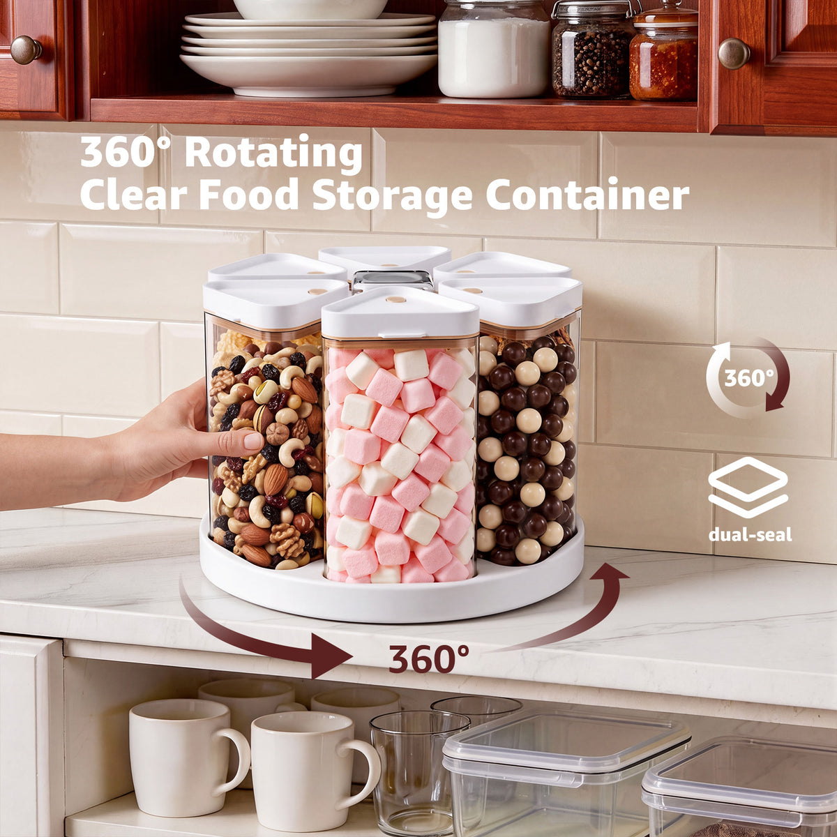 Rotating Rice Dispenser 6 Grid Cereal Dispenser for Pantry, PET Grain Canister Sets 6 Grids, 360° Rotating Grain Storage Container with Lids