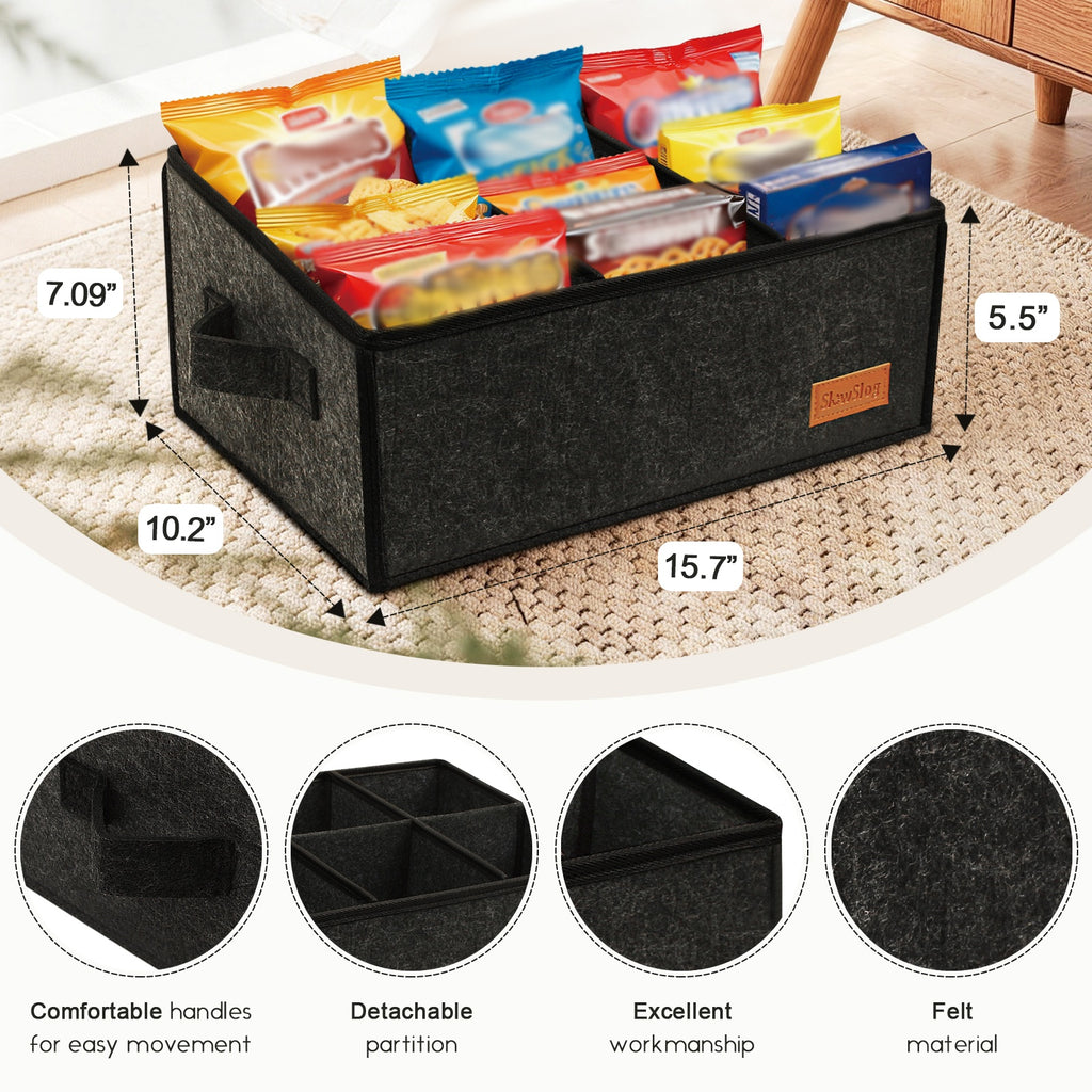 Foldable Snack Organizer 6-Compartment Fabric Snack Basket with Handles, Countertop Coffee Bar Storage Basket for Candy, Cookies, Chips and Bottled Drinks, Dark Gray