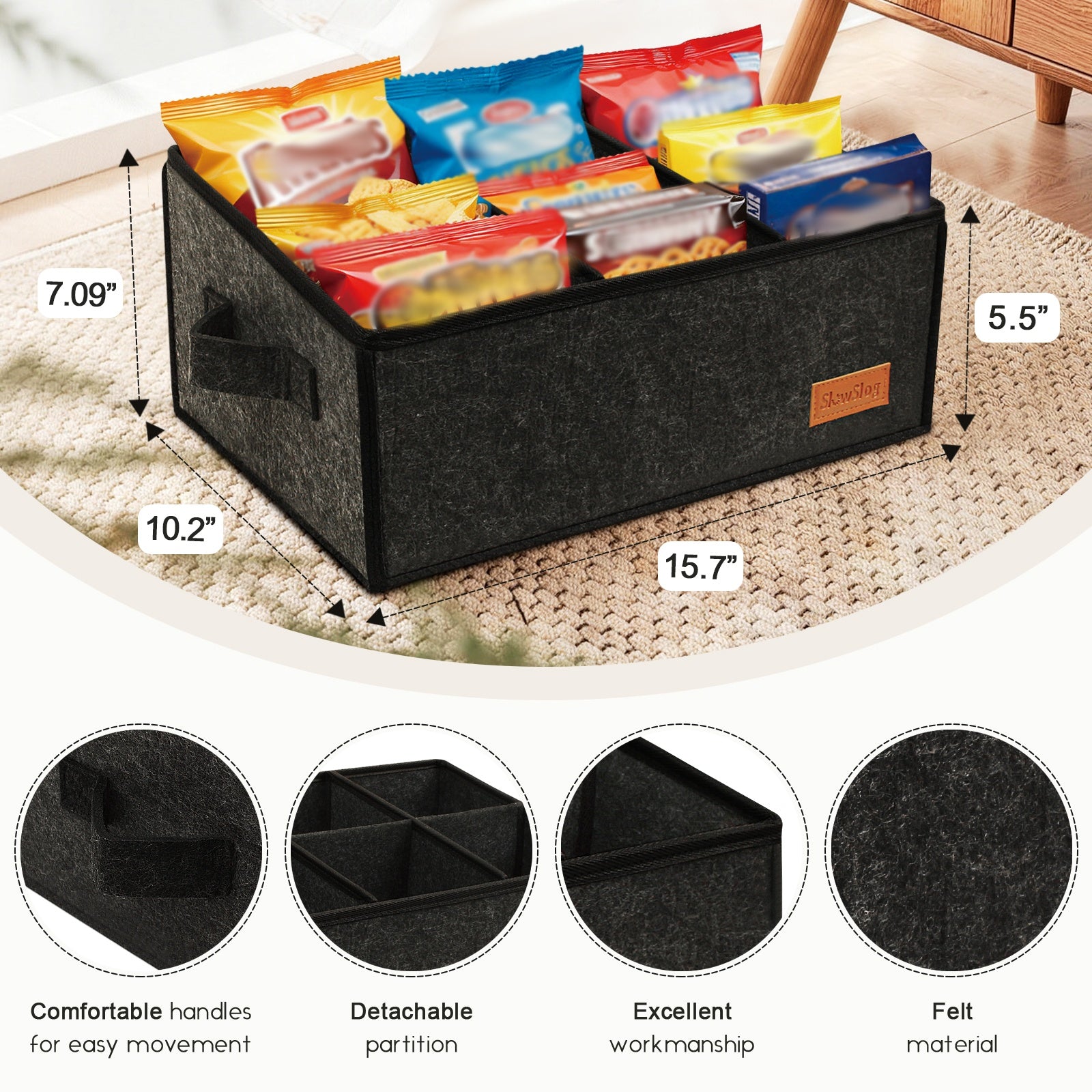 Foldable Snack Organizer 6-Compartment Fabric Snack Basket with Handles, Countertop Coffee Bar Storage Basket for Candy, Cookies, Chips and Bottled Drinks, Dark Gray