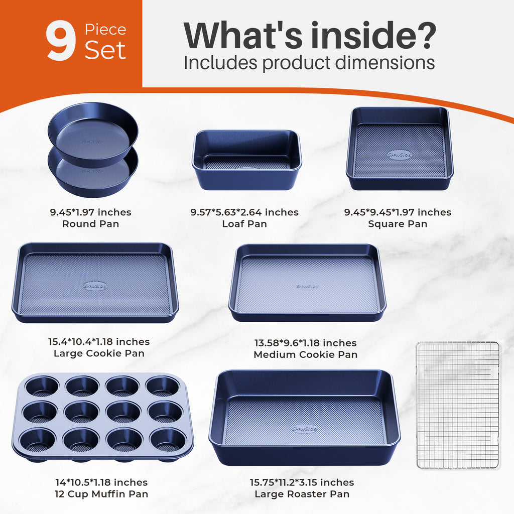 9-Piece Nonstick Bakeware Set, Stackable Oven Pan Set, Baking Pans Set | Includes Baking Sheet, Muffin Pan, Cake Pan, Square Pan, Loaf Pan, Cookie Sheet & Cooling Rack ，Black