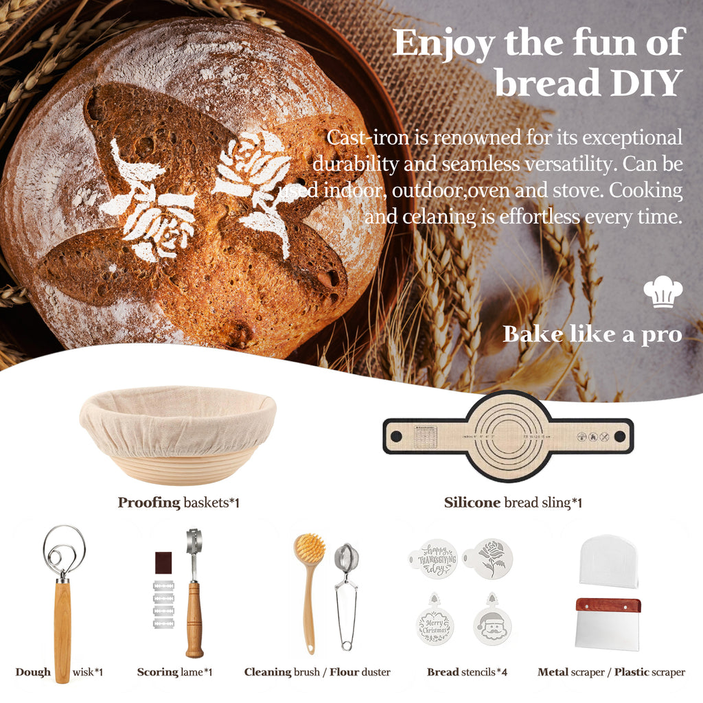 Dutch Oven for Sourdough Bread Baking and Supplies incl. Banneton, Bread Sling, Lame, Dough Whisk, Cast Iron Pot Set