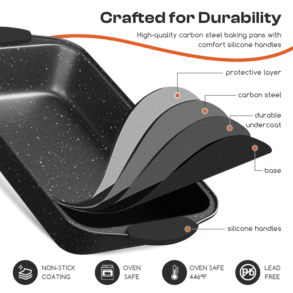 Slow Slog Nonstick Bakeware Set, 14-Piece Baking Pans Set, Stackable Baking Sheet Pans with Silicone Handles,Black&Black