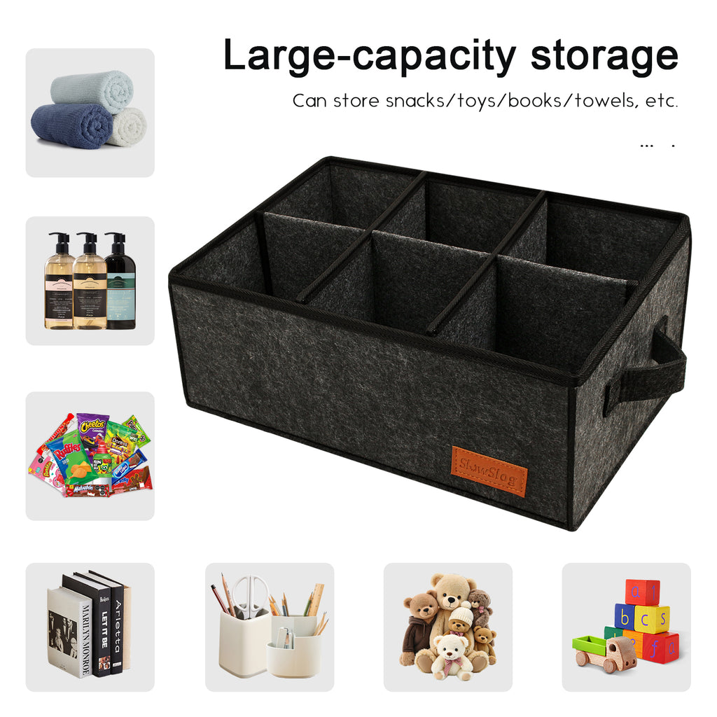 Foldable Snack Organizer 6-Compartment Fabric Snack Basket with Handles, Countertop Coffee Bar Storage Basket for Candy, Cookies, Chips and Bottled Drinks, Dark Gray