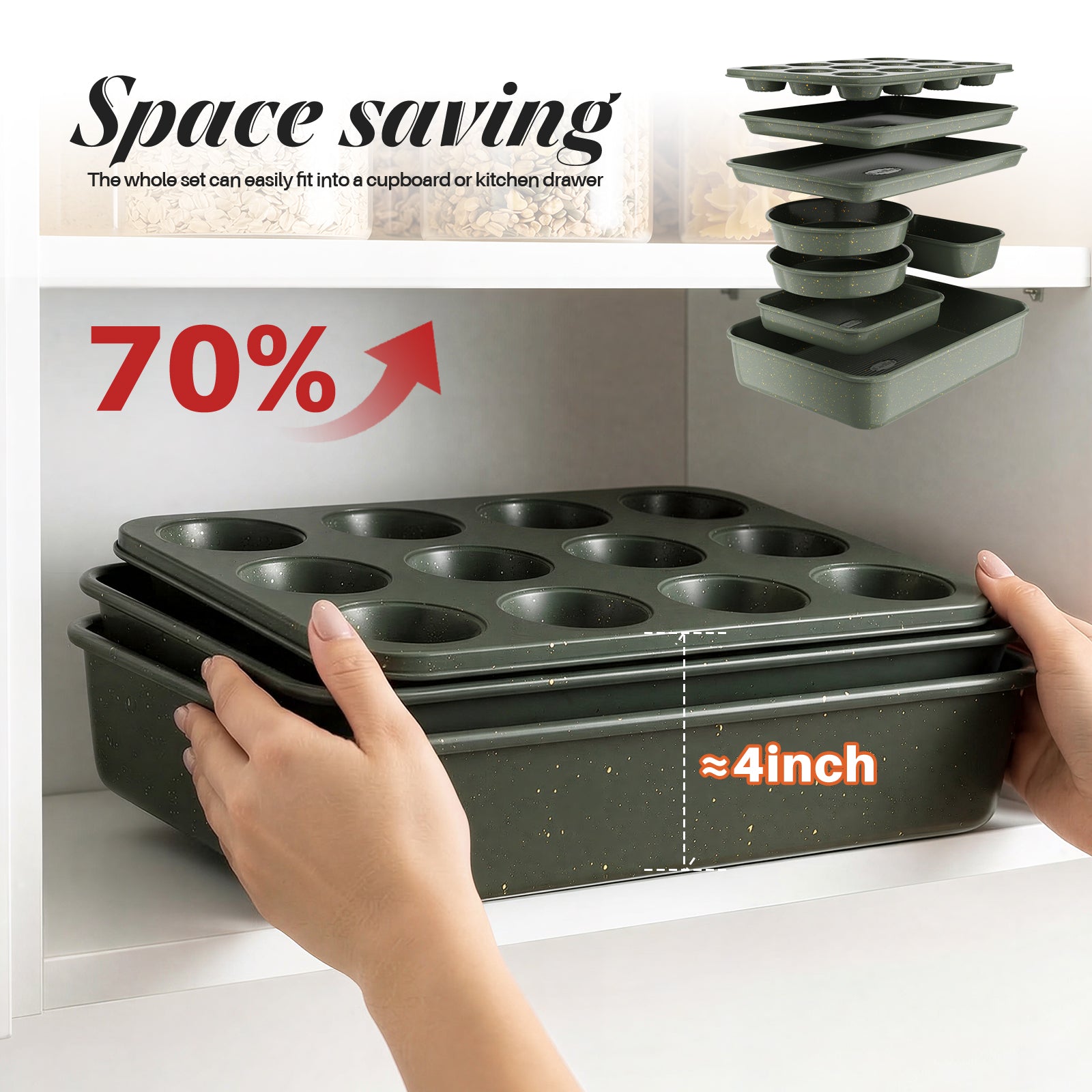 9pc Nonstick Ceramic Carbon Steel Bakeware Set, Stackable Oven Safe Baking Pans with Cooling Rack, Muffin & Cookie Sheet, Green