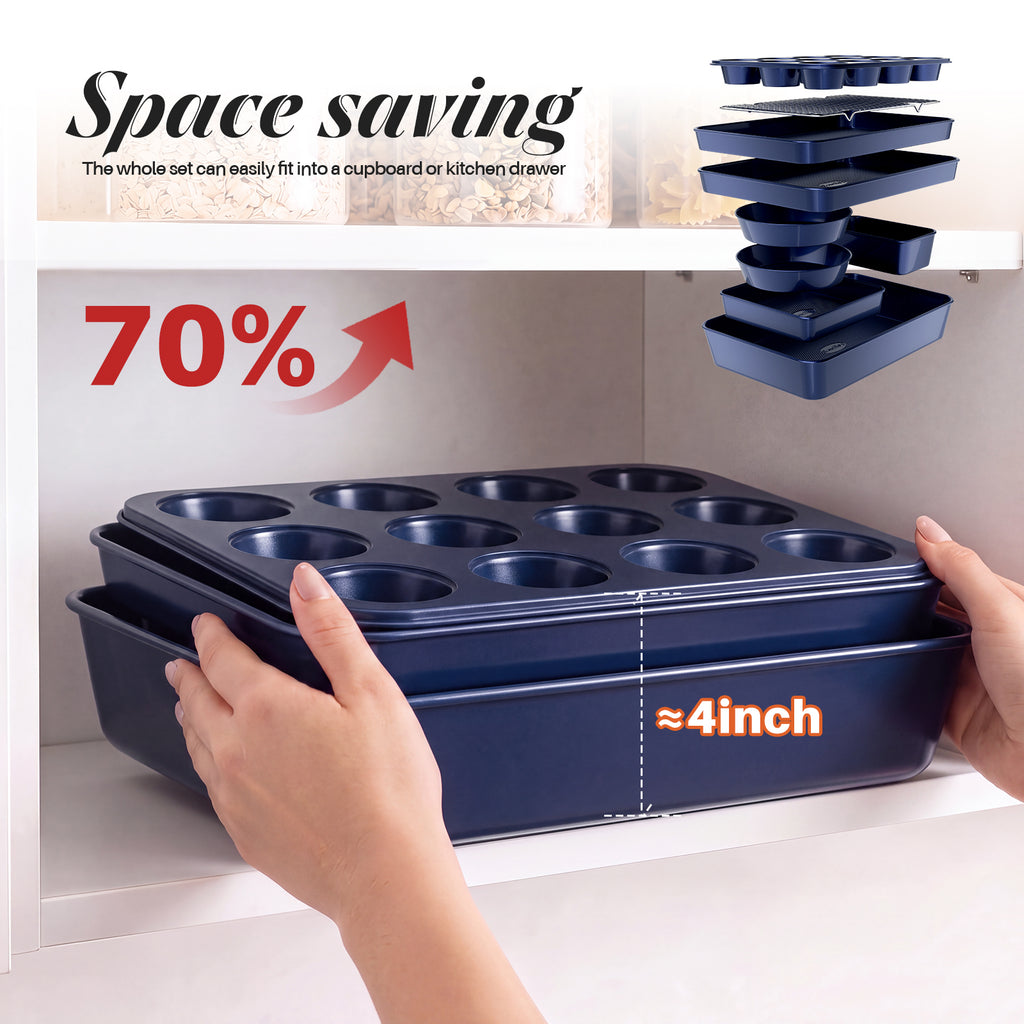 9-Piece Nonstick Bakeware Set, Stackable Oven Pan Set, Baking Pans Set | Includes Baking Sheet, Muffin Pan, Cake Pan, Square Pan, Loaf Pan, Cookie Sheet & Cooling Rack ，Black