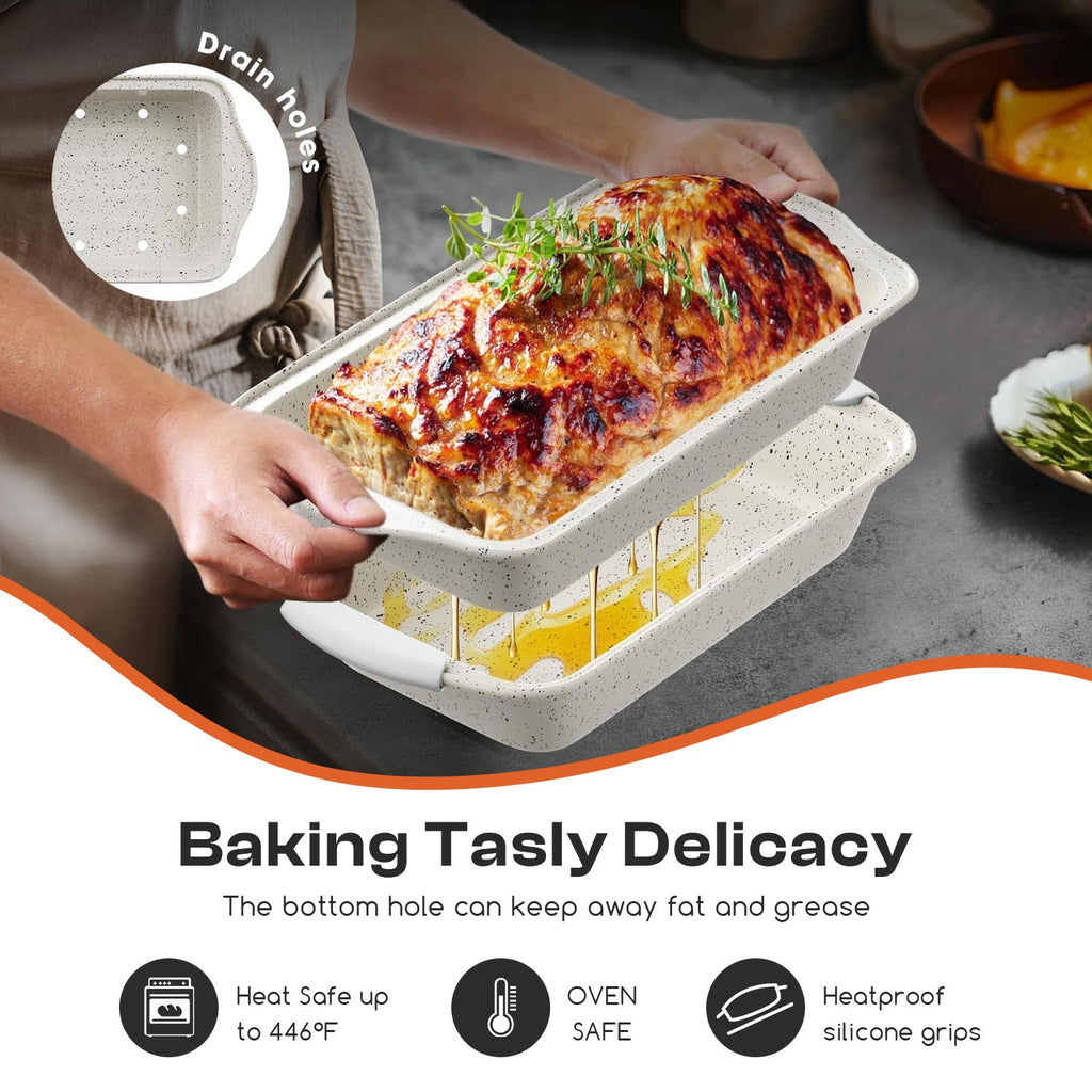 Slow Slog Nonstick Bakeware Set, 14-Piece Baking Pans Set, Stackable Baking Sheet Pans with Silicone Handles, White&White